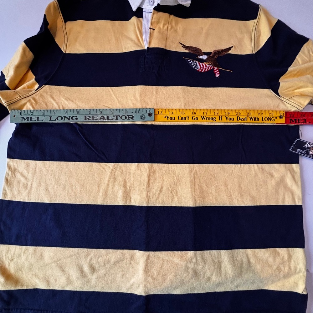 American Living Mens XL Rugby Shirt Cotton Navy Yellow Striped Eagle Flag NWT - Picture 8 of 9